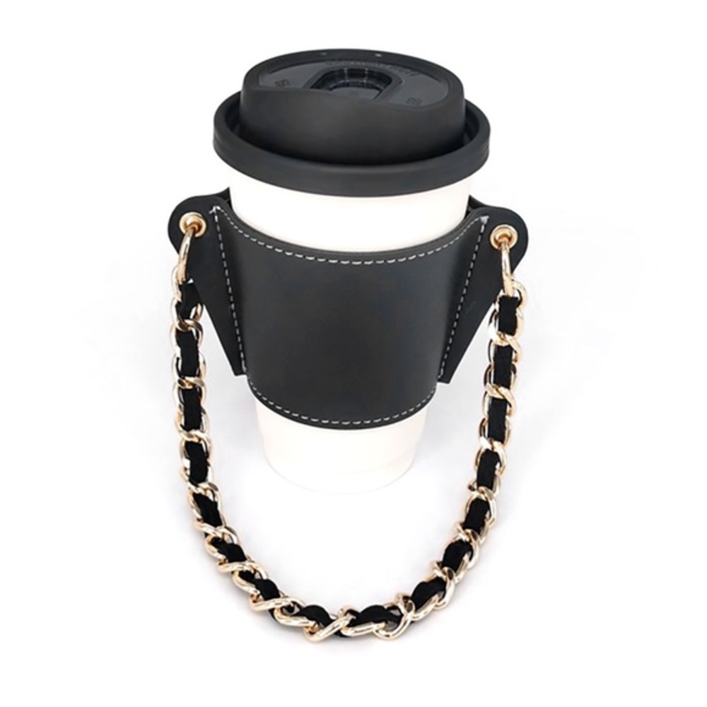 Black leather coffee cup sleeve holder